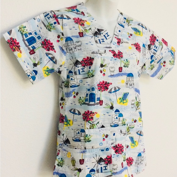 WonderWink SANTORINI Greek Vacation Print SCRUB TOP XS - Picture 11 of 14